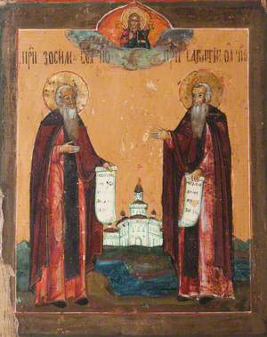 Icon with Saints Zossim and Savatti with the Saviour above and Their Foundation, the Solevyetski Monastery