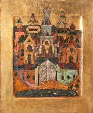 Icon with a View of the Solevyetski Monastery with its Founders, Saints Zossim and Savatti