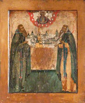 Icon with Saints Zossim and Savatti with Our Lady of the Sign and Their Foundation the Solevyetski Monastery