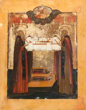Icon with Saints Zossim and Savatti with the Saviour Holding their Foundation, the Solevyetski Monastery, together with Relics Shown in Their Coffins