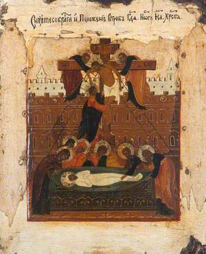 Icon with Deposition from the Cross and the Entombment (with the Walls of Jerusalem in the Background)