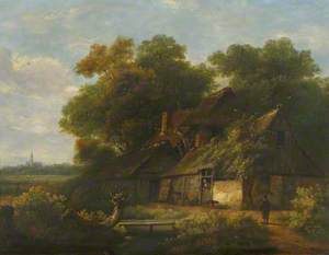 Figures and Dog by Cottages in a Landscape