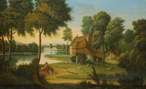 Figures and Sheep before a Cottage in an Idyllic Lake Landscape