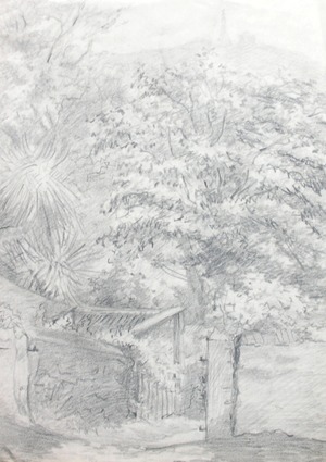 Sketch of Trees with Path and Carn Brea Monument in the Distance