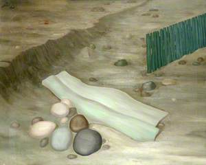 Green Fence, Driftwood and Pebbles