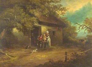 Family Sitting Outside a Rural Cottage