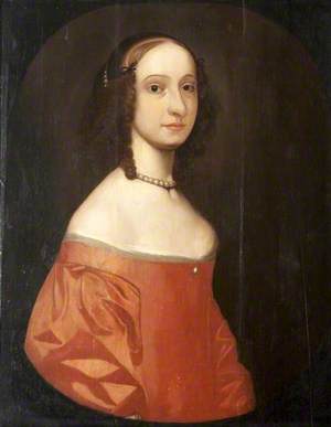 Portrait of a Young Girl in a Crimson Dress Wearing a Pearl Necklace