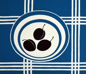 Three Plums in a Blue Bowl