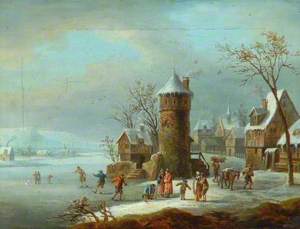 Winter Landscape with Buildings and Skaters