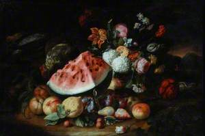 Still Life of Fruit and Flowers with a Cut Piece of Watermelon