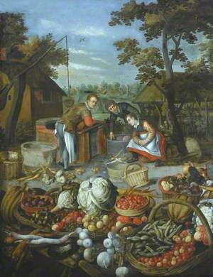 Fruit and Vegetables with Figures in the Background
