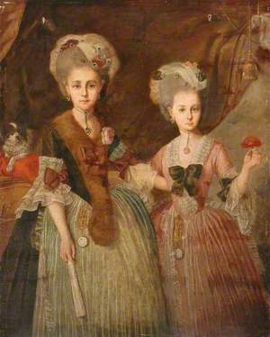 Two Ladies, One Holding a Fan and the Other a Rose