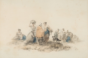 Watercolour Sketch – Gypsies Washing by a River with Dog in Foreground