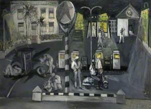 Night Scene with Figures, Petrol Pumps and Street Lamps