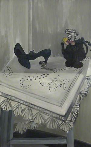 Still Life with Black Stiletto Shoes and Teapot
