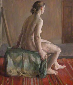 Seated Female Nude with Striped Floor Drape