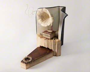 Book Sculpture of a Gramophone and a Coffin Fashioned from a Copy of Edinburgh-Based Author Ian Rankin's Book 'Exit Music'