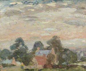 Landscape with Cottages among Trees, Pink Sky