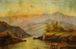 Mountainous Landscape with Cattle Watering by a River