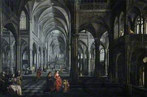 Interior of a Cathedral with Christ and the Four Apostles