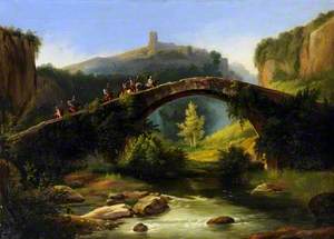 River Gorge and Soldiers Crossing a Bridge
