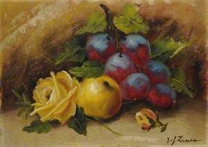 Still Life, Plums, an Apple and a Rose*