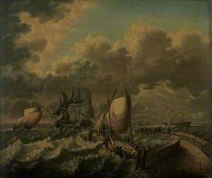 Dutch Marine with Herring Busses and Sailing Ships off a Pier