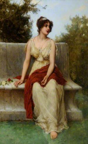 Woman in Classical Dress on a Garden Seat