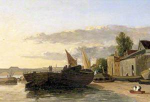 River Scene with Barges and Horses by a Bridge