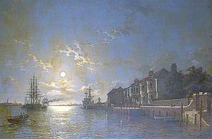 Crowley House, Greenwich, with Shipping on the Thames by Moonlight