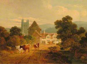 English Village Scene with Cattle