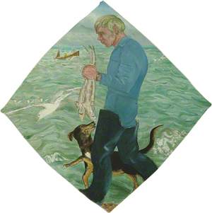 Paul Carrying Robin Huss Accompanied by His Dog Saxon