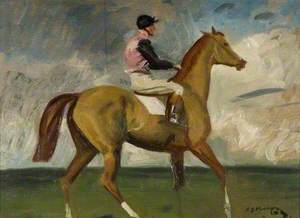 A Chestnut Racehorse with Jockey up in a Landscape