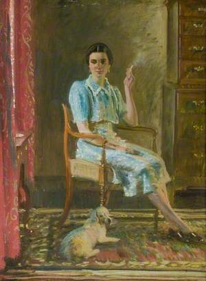 Miss Hancock, Seated Smoking with a Dog in an Interior
