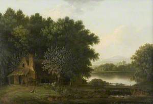 Wooded Lake with Thatched Cottage