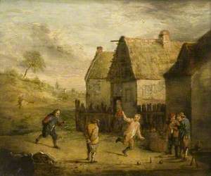 Rural Scene with Figures Playing Skittles