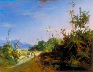 View in Ceylon with Soldiers and Natives on a Road
