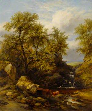 Rocky Landscape with Waterfall and Cattle