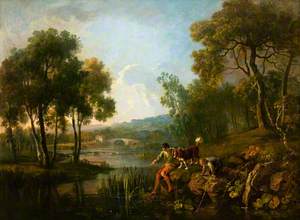 Landscape with Two Boys and a Dog by a River