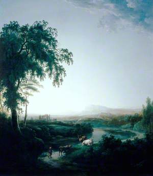 Landscape with River and Cows at Dusk
