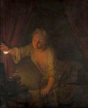 A Woman in Bed Extinguishing a Candle