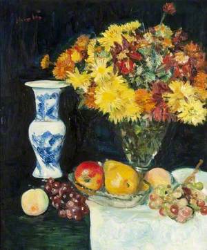 Flowers in a Vase and Fruit