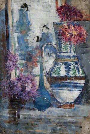 Still Life, a Vase, a Bottle and a Jug with Flowers