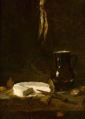 Still Life with a Jug, Cheese, Onions, Fish and a Knife