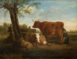 A Meadow with Cattle and a Woman Milking