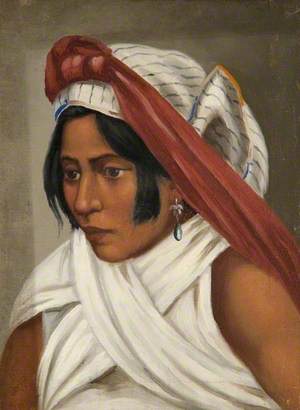 Serrano Indian Woman with a Red and White Headdress