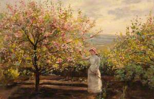 Spring Landscape with a Woman Picking Blossom