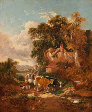 Herdsman Driving Cattle by a Woodland Cottage