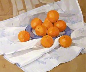 Oranges on a Blue and White Cloth