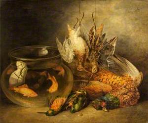 Still Life, Game and Hanging Snipe with Goldfish in a Bowl (Dead Game)